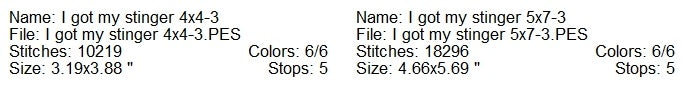 I got my stinger bee machine embroidery design 2 sizes