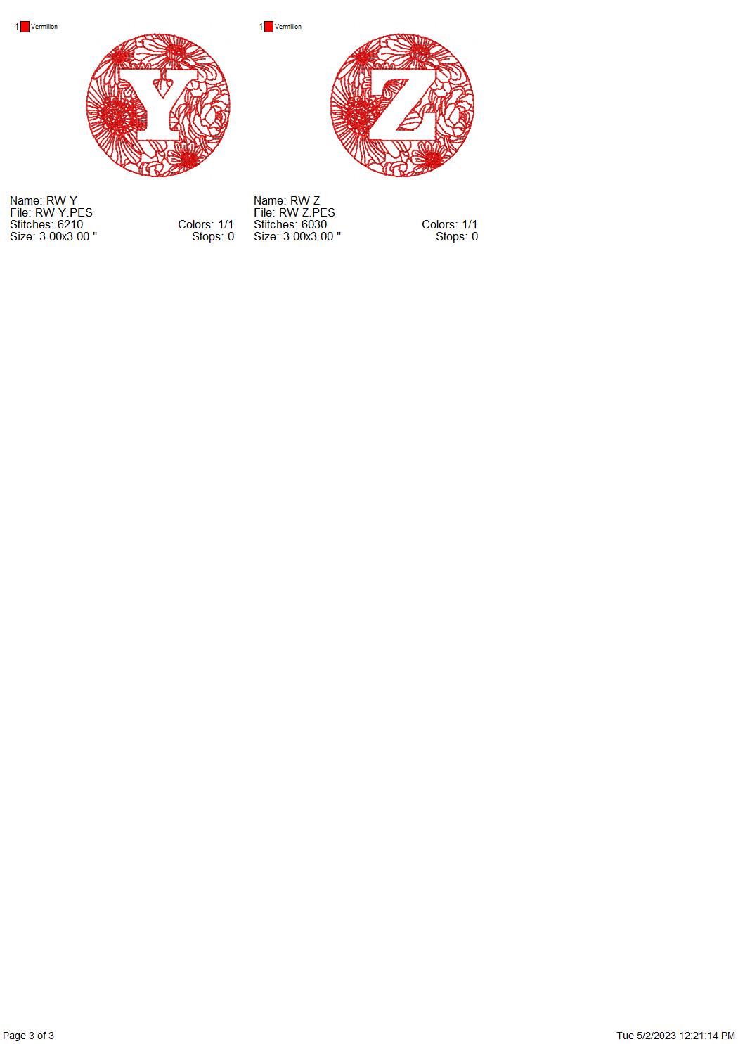 Red work floral monogram machine embroidery design set