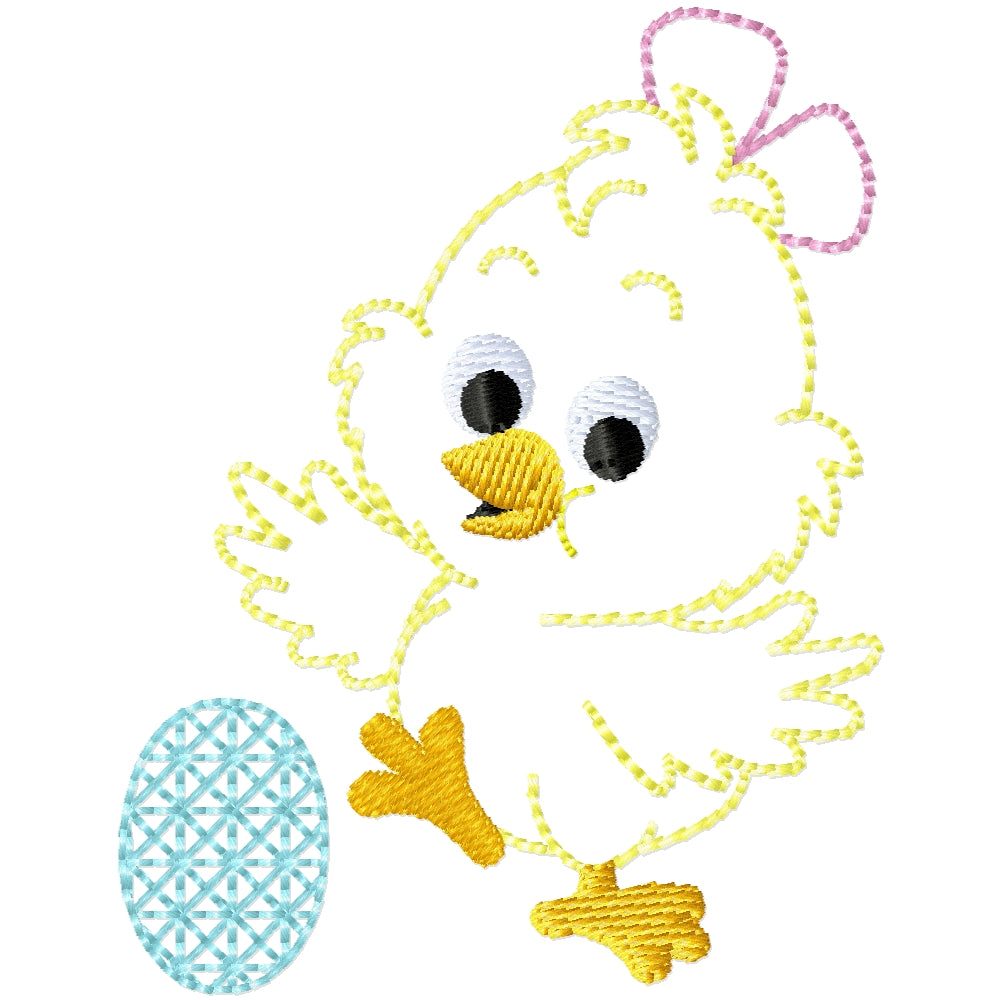Baby girl chick with egg outline machine embroidery design