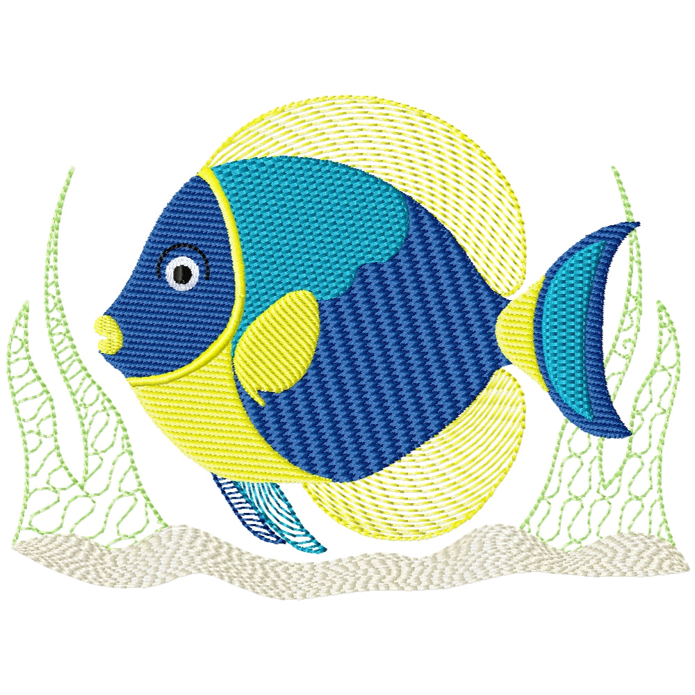 Blue fish in seaweed machine embroidery design 2 sizes