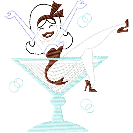 Champagne bubbles lady in martini glass machine embroidery design 2 sizes