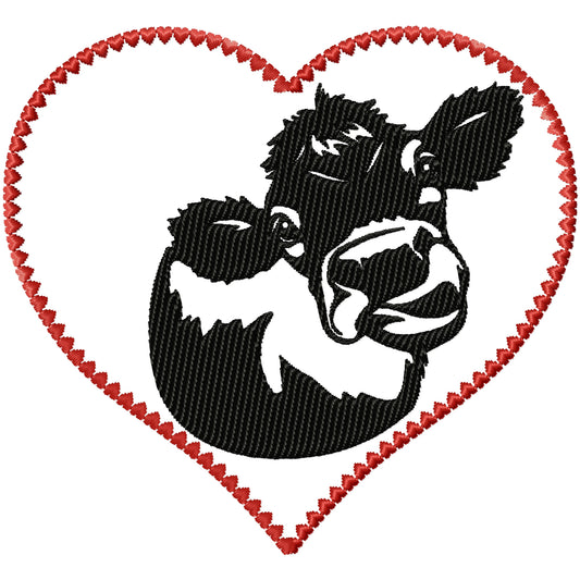 Cow face 2 in heart frame machine embroidery design 3 sizes