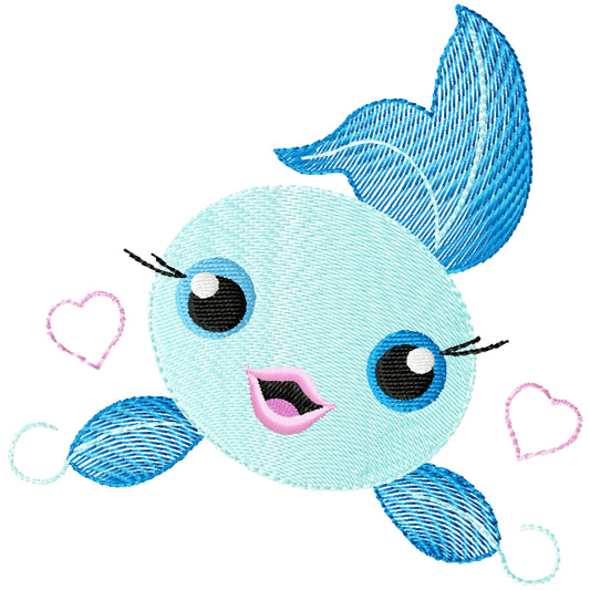 Cute little fish with hearts machine embroidery design  3 sizes