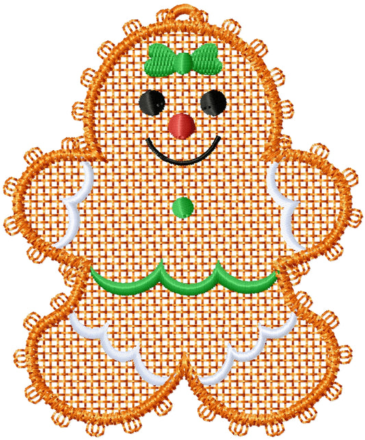 ITH Free standing lace gingerbread girl ornament machine embroidery design