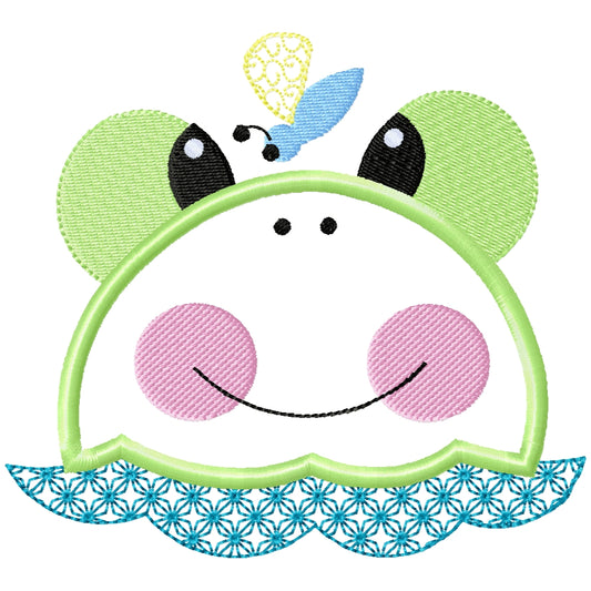Lunch the frog applique with bug machine embroidery design 2 sizes