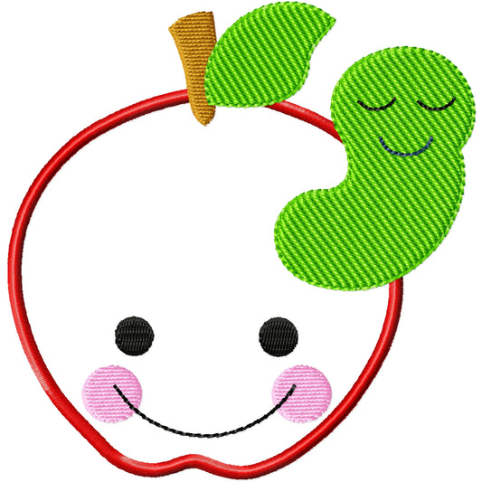 Cute applique apple with worm machine embroidery design