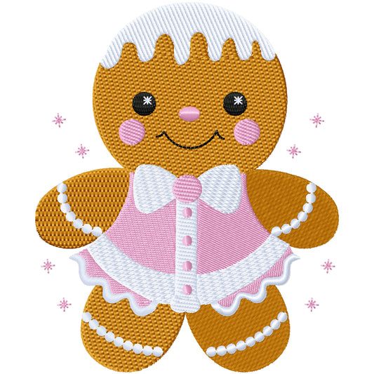 Pink dressed gingerbread girl machine embroidery design 2 sizes