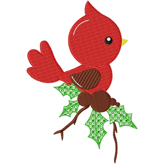 Red bird with holly machine embroidery design 2 sizes