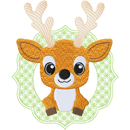 Sweet reindeer in a wreath machine embroidery design 3 sizes