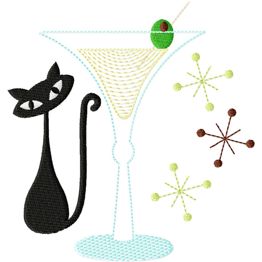 Retro cat with stars and martini machine embroidery design 2 sizes