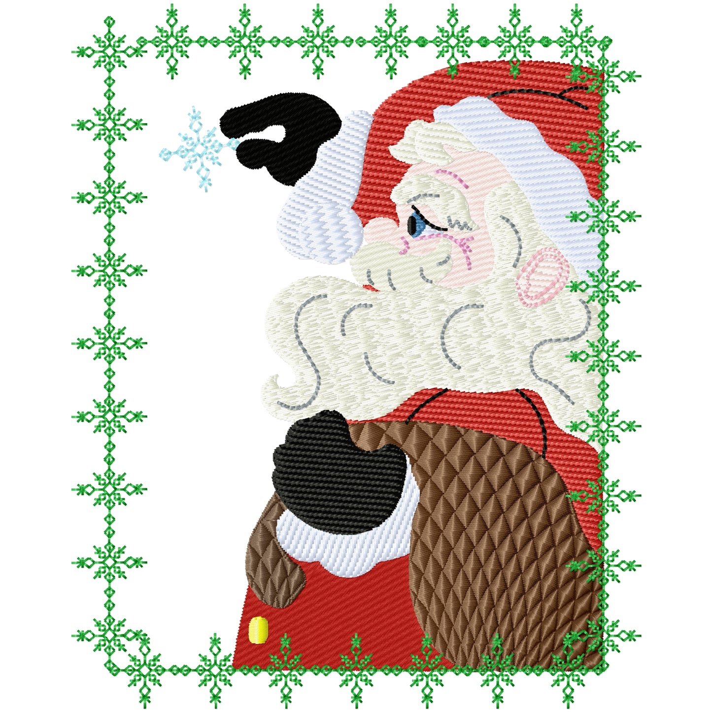 Textured Santa holding a snowflake in a frame machine embroidery design