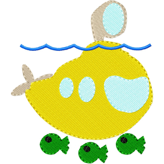 Yellow submarine with fish machine embroidery design